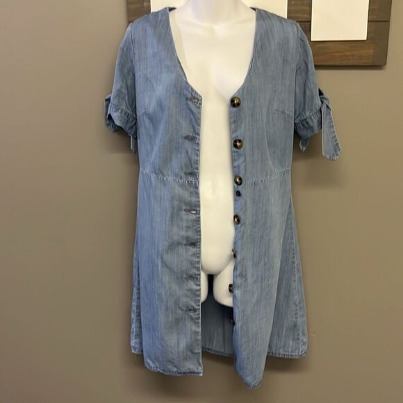 Blue Pair by Francesca’s Lyocell Short Sleeve Button Down Mini Dress- Medium - Picture 3 of 16
